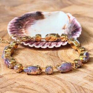Pink Fire Opal Czech Glass In Classic Statement Tennis Gold Plated Bracelet